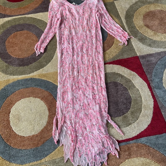 100% Pure Silk Vintage Retro Pink Long Sleeve Dress Beaded Sequins Made in India - Picture 8 of 9